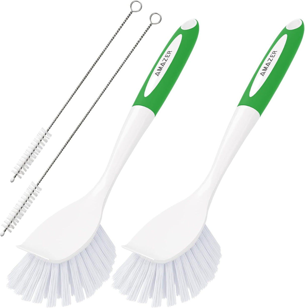 Two green-handled barbecue cleaning brushes with a chain on a white background