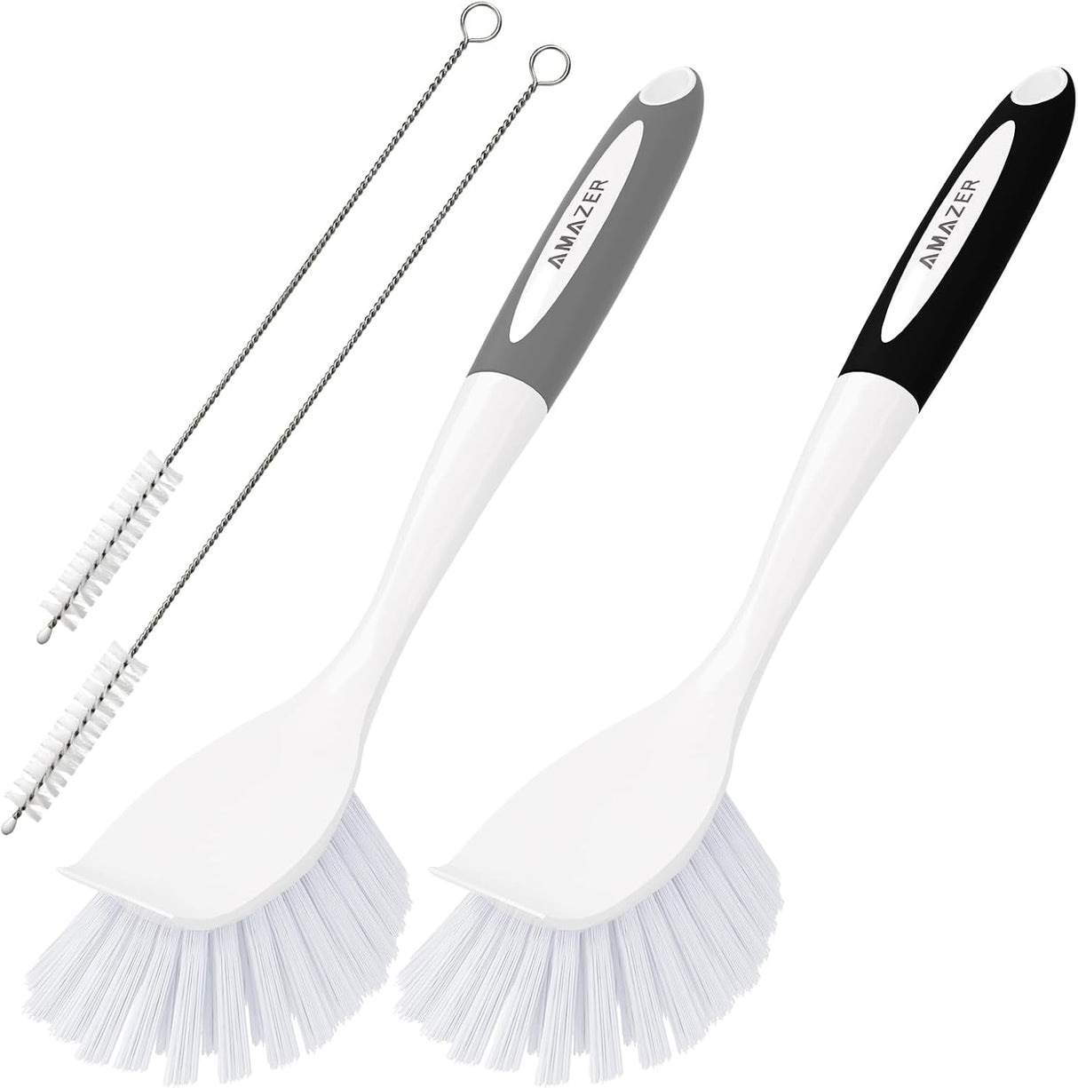 Two kitchen brushes with scrubber heads and long handles on a white background, branded 'AMAZEN'.