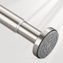 Close-up of a stainless steel shower rod with a textured end cap on a light gray background
