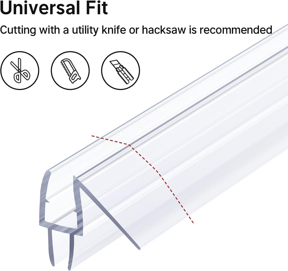 Clear silicone weather stripping with text and icons indicating cutting recommendations on a white background