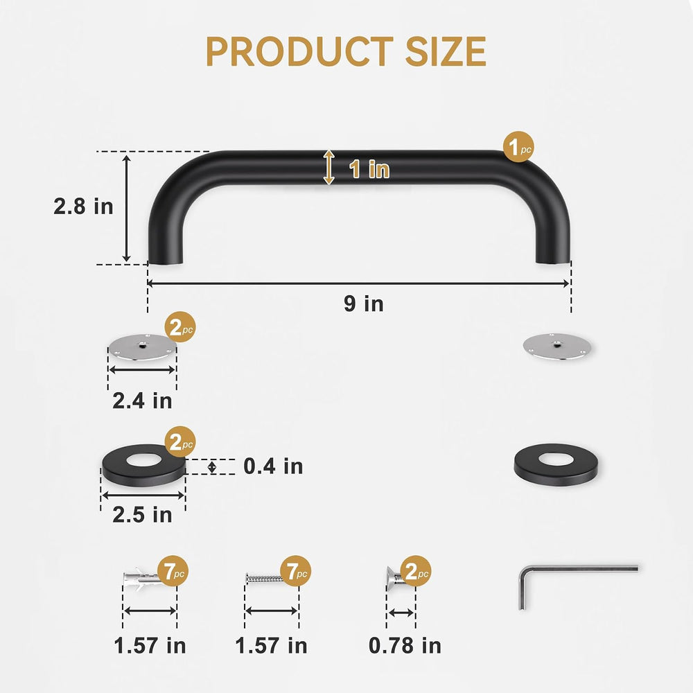 Measurement chart of a black metal handle with its components on a white background