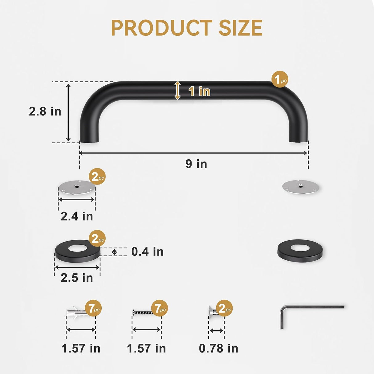 Measurement chart of a black metal handle with its components on a white background