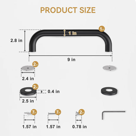 Measurement chart of a black metal handle with its components on a white background