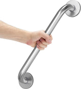 Hand holding a stainless steel grab bar against a white background
