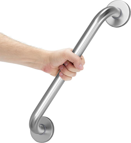 Hand holding a stainless steel grab bar against a white background