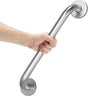 Hand holding a stainless steel grab bar against a white background