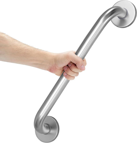 A brushed stainless steel grab bar with a hand gripping it, shown against a plain white background.