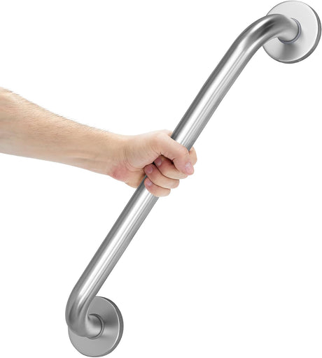 Hand holding a stainless steel grab bar against a white background