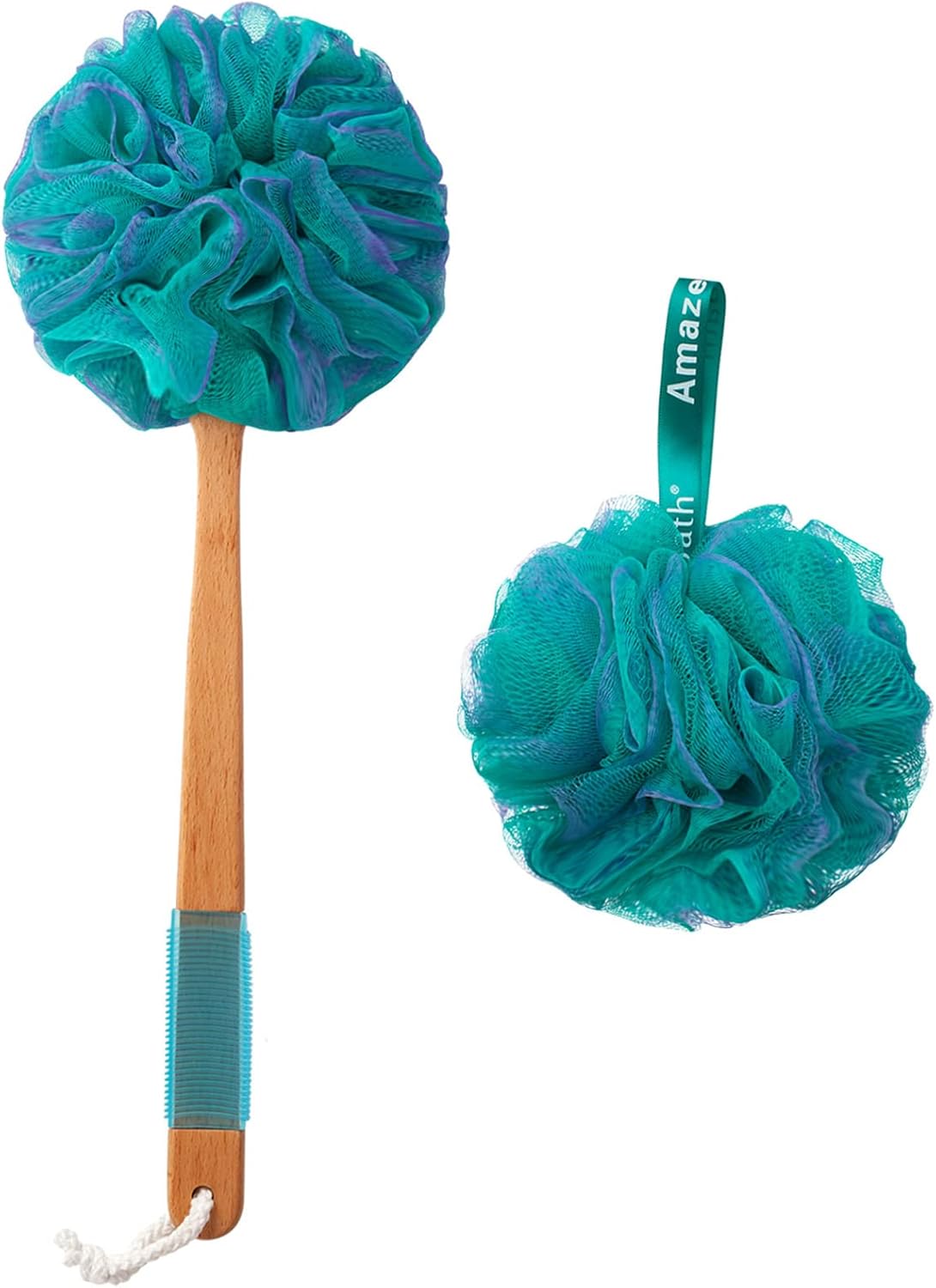 Teal bath pouf with wooden handle and comb on a white background