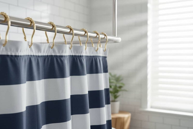 Navy and white striped shower curtain with gold hooks on a silver rod.