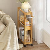 Bamboo rolling cart with books and a lamp in a room setting