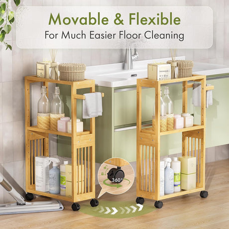 Bathroom storage cart with cleaning supplies next to a sink, emphasizing mobility and ease of cleaning.