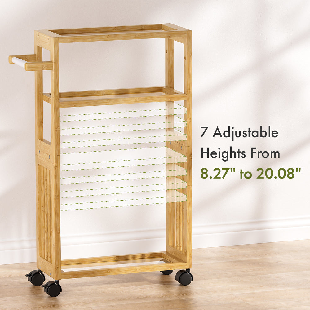 Bamboo rolling cart with adjustable height options on a plain background