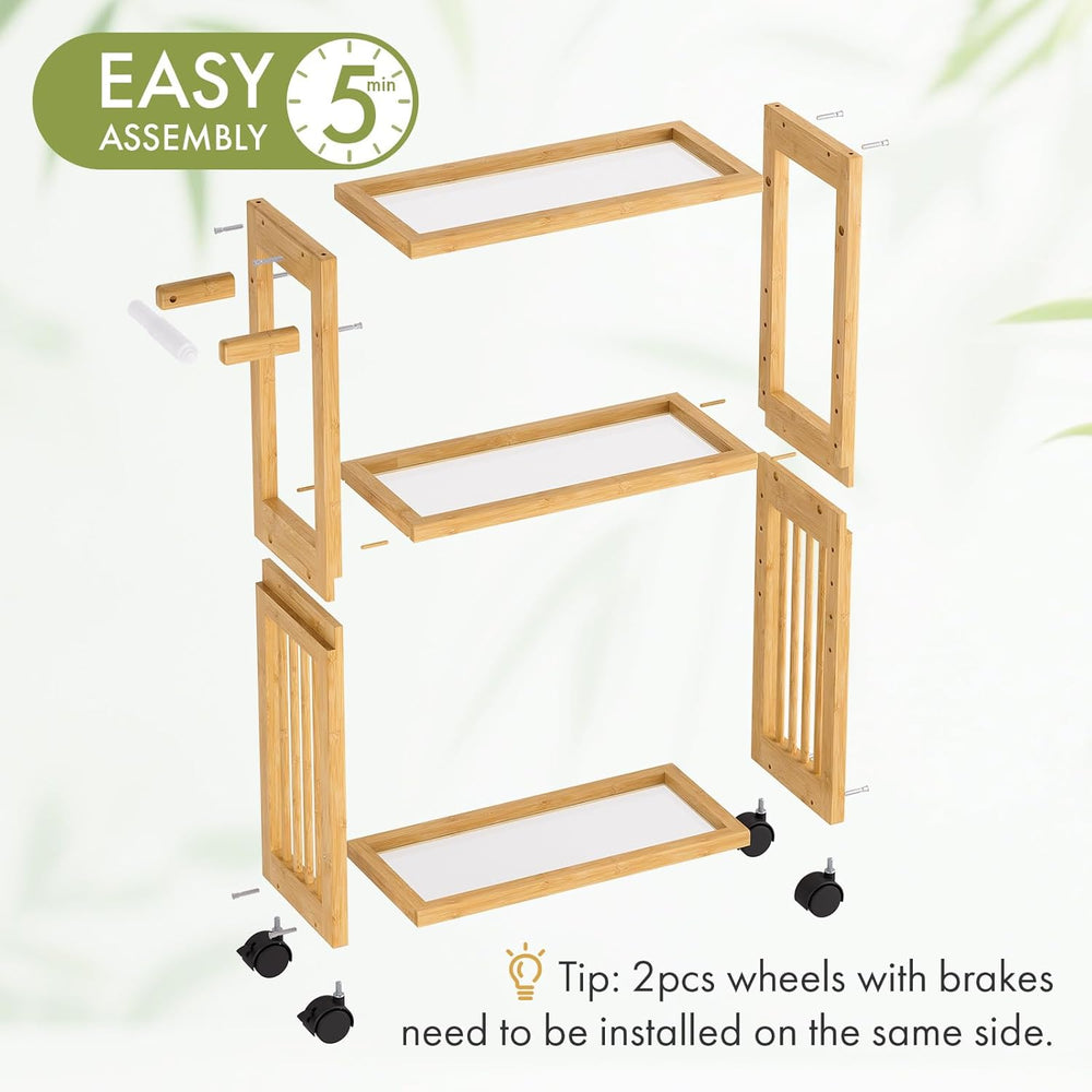 Bamboo shelf assembly kit with wheels on a white background