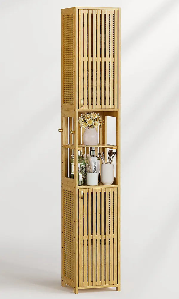 AmazerBath slim freestanding bamboo storage cabinet with louvered doors and bathroom essentials