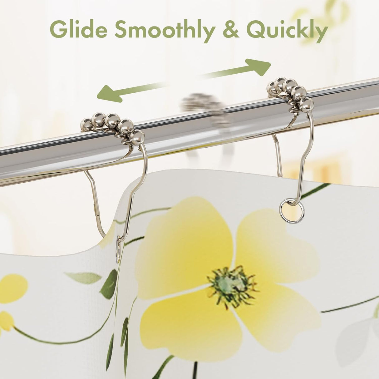 Shower curtain hooks with a floral shower curtain in the background, featuring text 'Glide Smoothly & Quickly'.