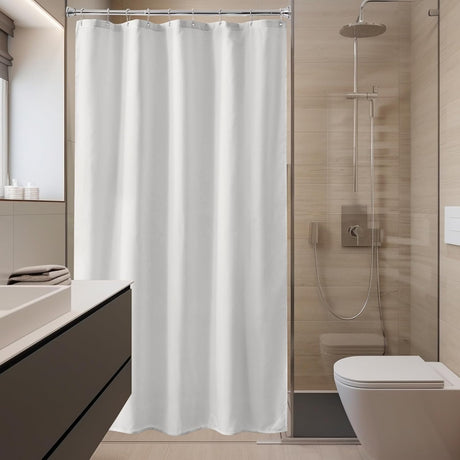 White shower curtain in a modern bathroom setting