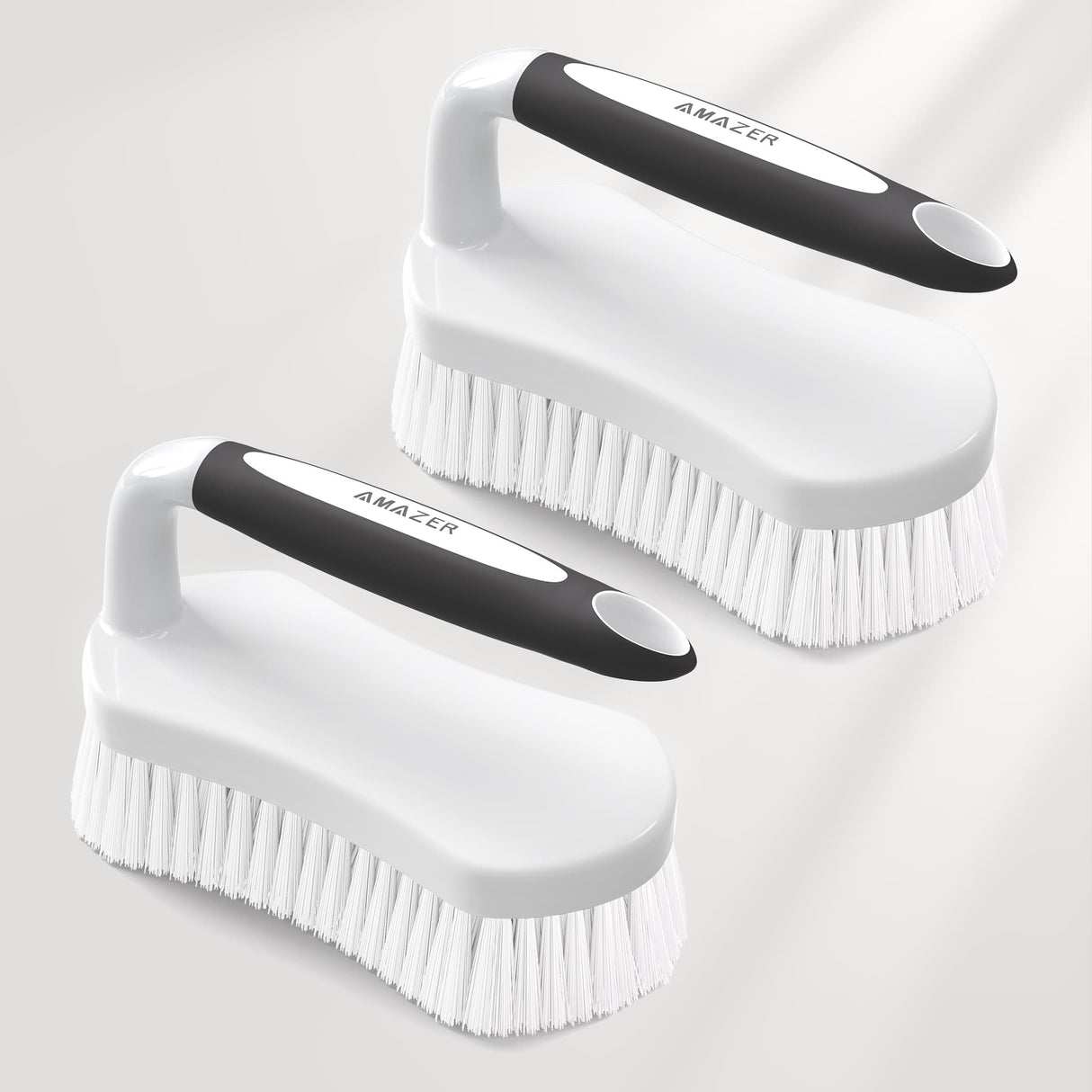 Two white cleaning brushes with black handles on a light gray background, branded 'Amazer'.