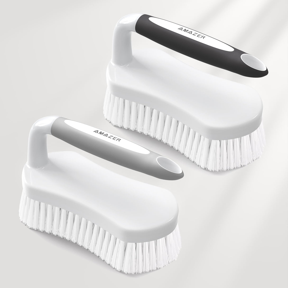 Two white cleaning brushes with black handles on a light gray background, branded 'Amazer'.