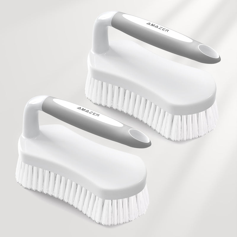 Two white cleaning brushes with handles on a light gray background, branded 'Amazer'.