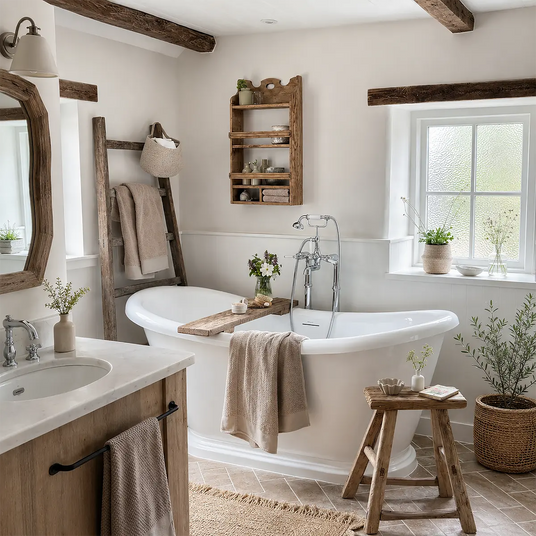 AmazerBath warm farmhouse bathroom with a clawfoot tub, wood vanity, storage shelves, and natural decor
