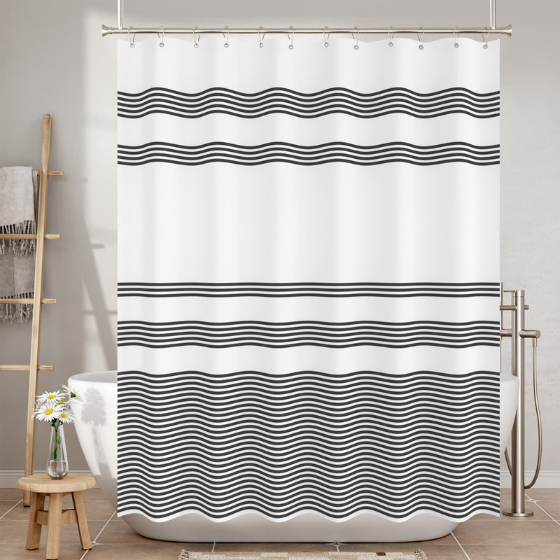 Shower curtain with black wavy stripes in a bathroom setting