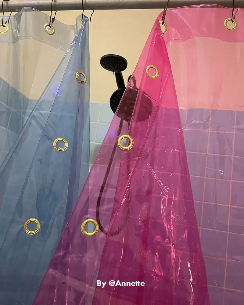 AmazerBath Sun EVA waterproof shower curtain liner installed around a bathtub in a bright, practical customer bathroom