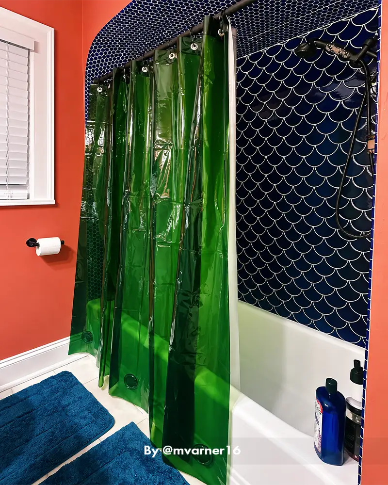 AmazerBath Sun EVA shower liner in a customer bathroom, offering a clean barrier that helps contain water around the tub