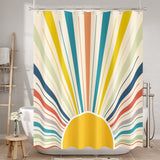 Colorful striped shower curtain in a bathroom setting