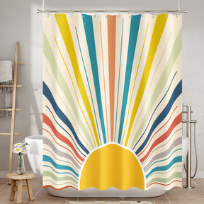 Colorful striped shower curtain in a bathroom setting
