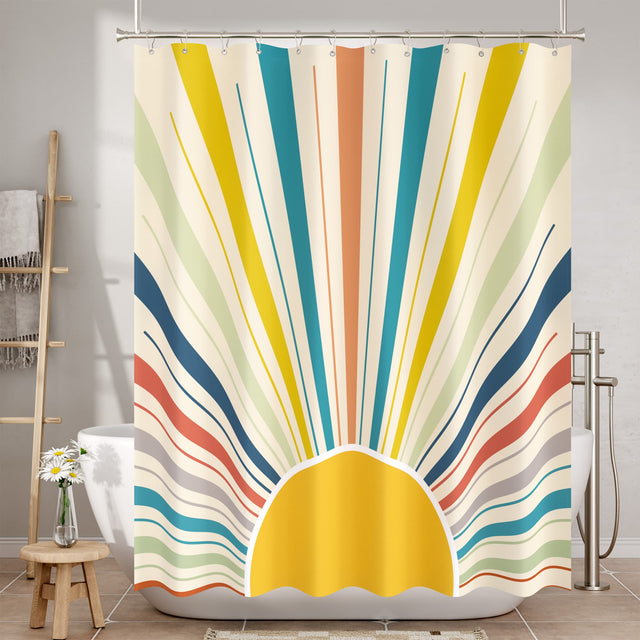 Colorful striped shower curtain in a bathroom setting