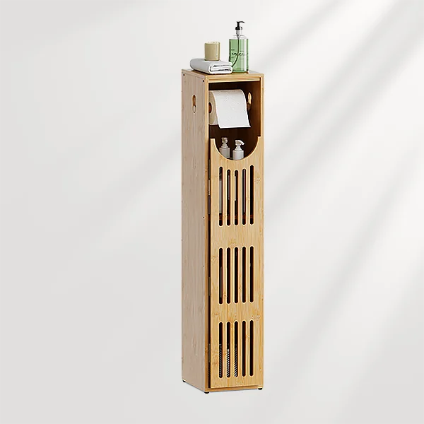 AmazerBath slim bamboo toilet paper storage cabinet with a tissue roll and toiletries on top