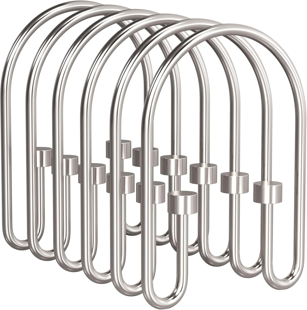 Set of silver shower curtain hooks on a white background