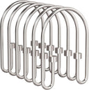 Set of silver shower curtain hooks on a white background