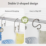 Comparison of U-shaped shower hooks showing balanced hanging and ease of slipping off.