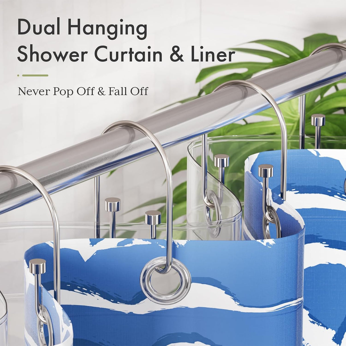 Dual hanging shower curtain with liner and metal hooks on a white background