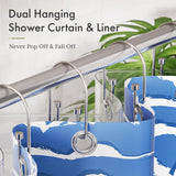 Dual hanging shower curtain with liner and metal hooks on a white background