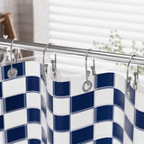 Blue and white checkered shower curtain with metal hooks on a rod.