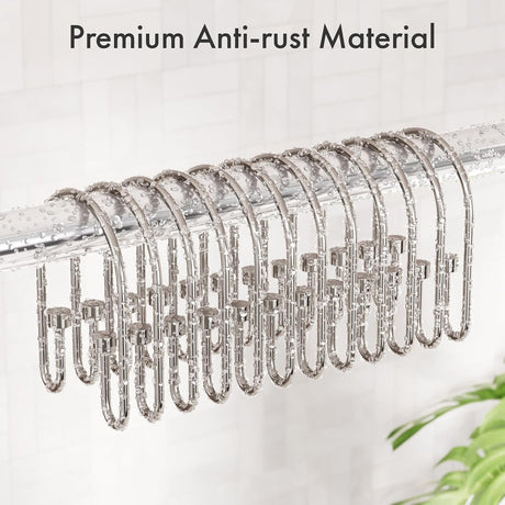 Set of silver shower hooks with 'Premium Anti-rust Material' text on a white background