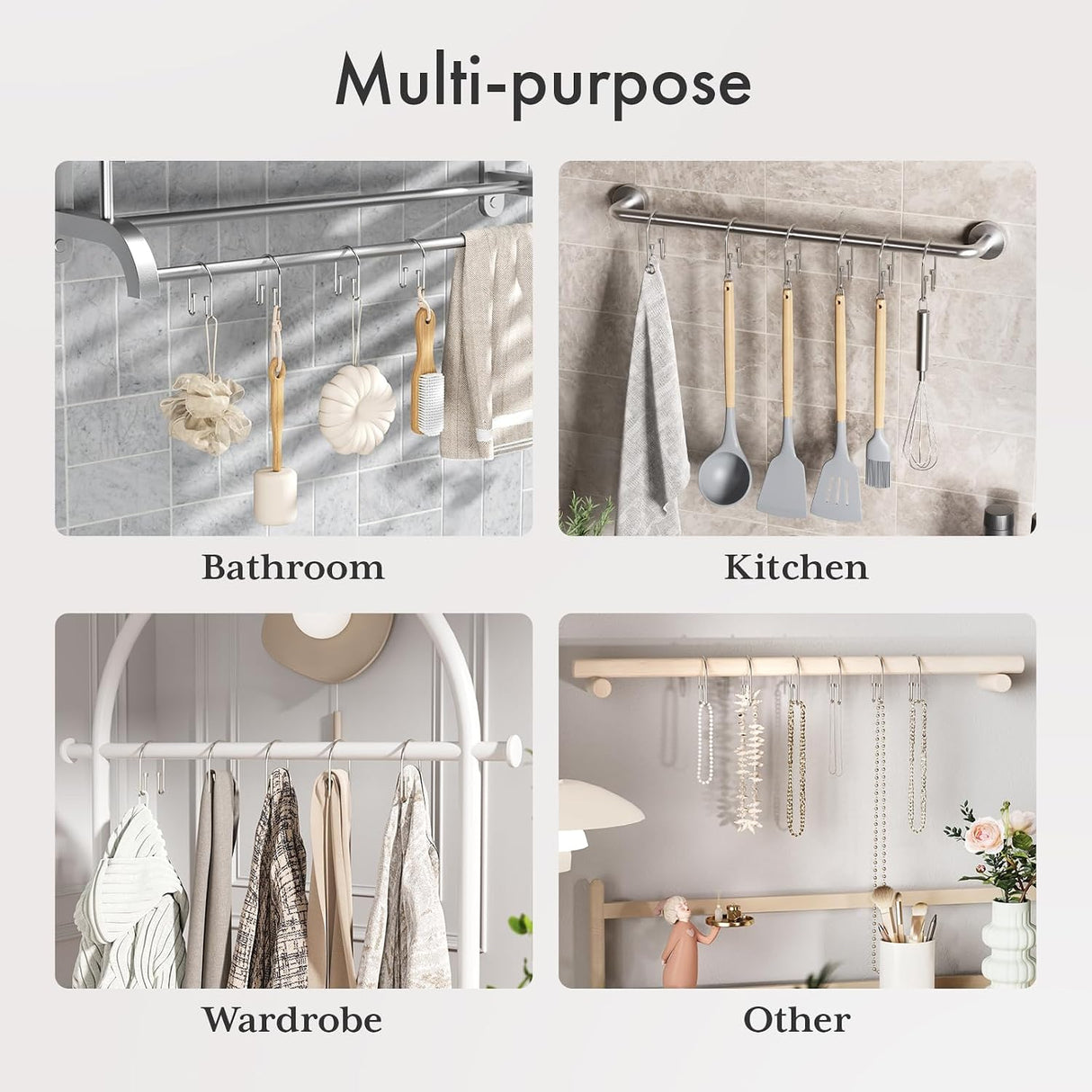 Collage of a multi-purpose hanging rack used in bathroom, kitchen, wardrobe, and other settings.