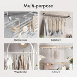 Collage of a multi-purpose hanging rack used in bathroom, kitchen, wardrobe, and other settings.