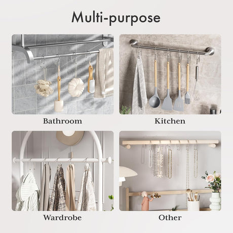 Collage of a multi-purpose hanging rack used in bathroom, kitchen, wardrobe, and other settings.
