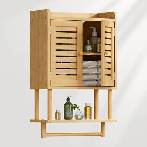 AmazerBath bamboo wall cabinet with louvered doors, folded towels, and toiletries on an open shelf
