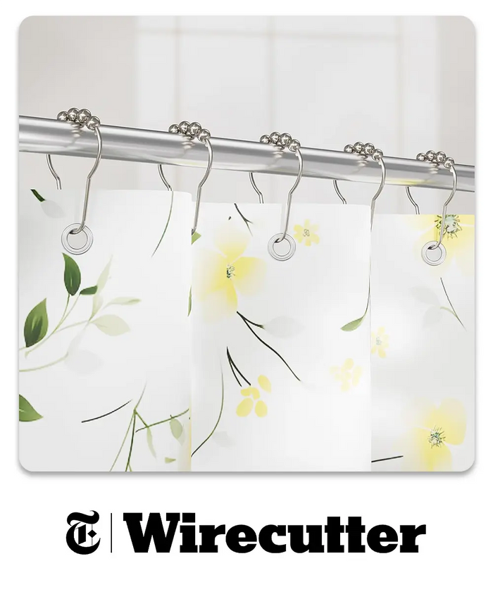 AmazerBath silver shower curtain hooks holding a white yellow-floral curtain, featured by Wirecutter