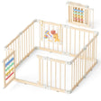 Wooden playpen with colorful toy attachments on a white background