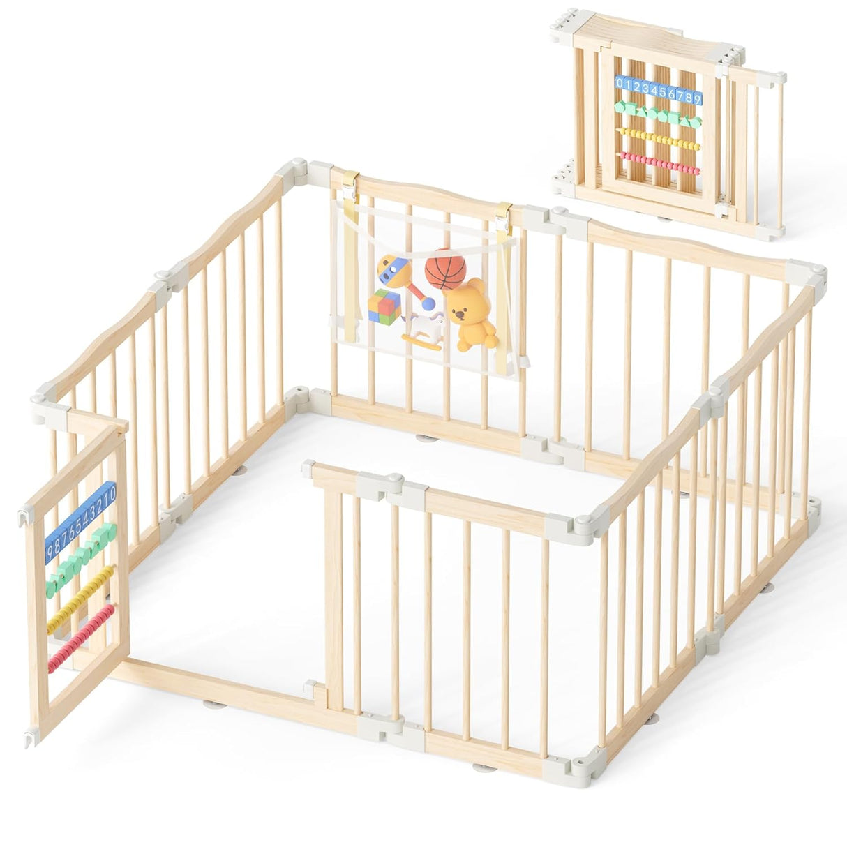 Wooden playpen with colorful toy attachments on a white background