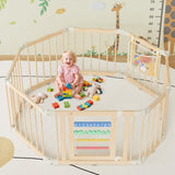 Child playing with toys inside a wooden playpen in a nursery.