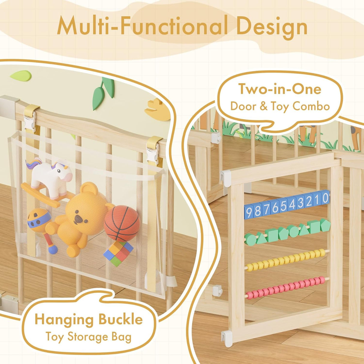 Wooden playpen with toys and educational elements, featuring text on multi-functional design.