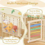Wooden playpen with toys and educational elements, featuring text on multi-functional design.