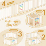 Diagram of a multi-types playpen with different configurations on a beige background.